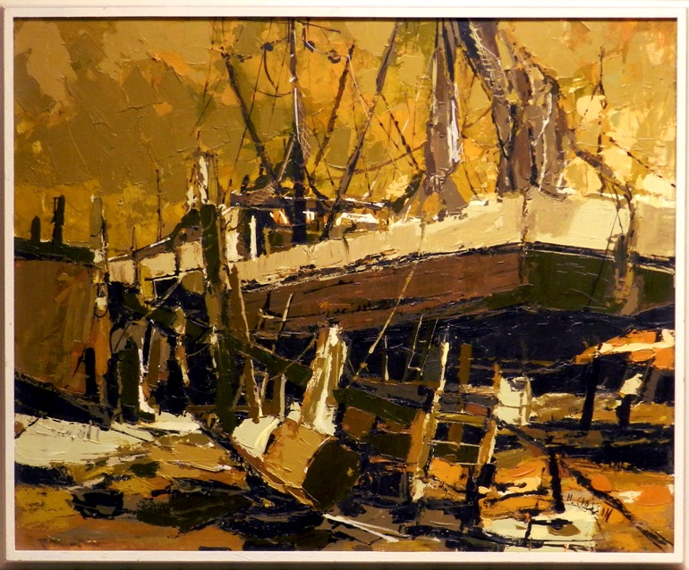 circa 1970's original painting by Nanci Blair Closson of a dry docked shrimp boat