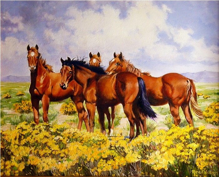 original painting by Maria Edith Wellborn of wild horses in a meadow of wild flowers
